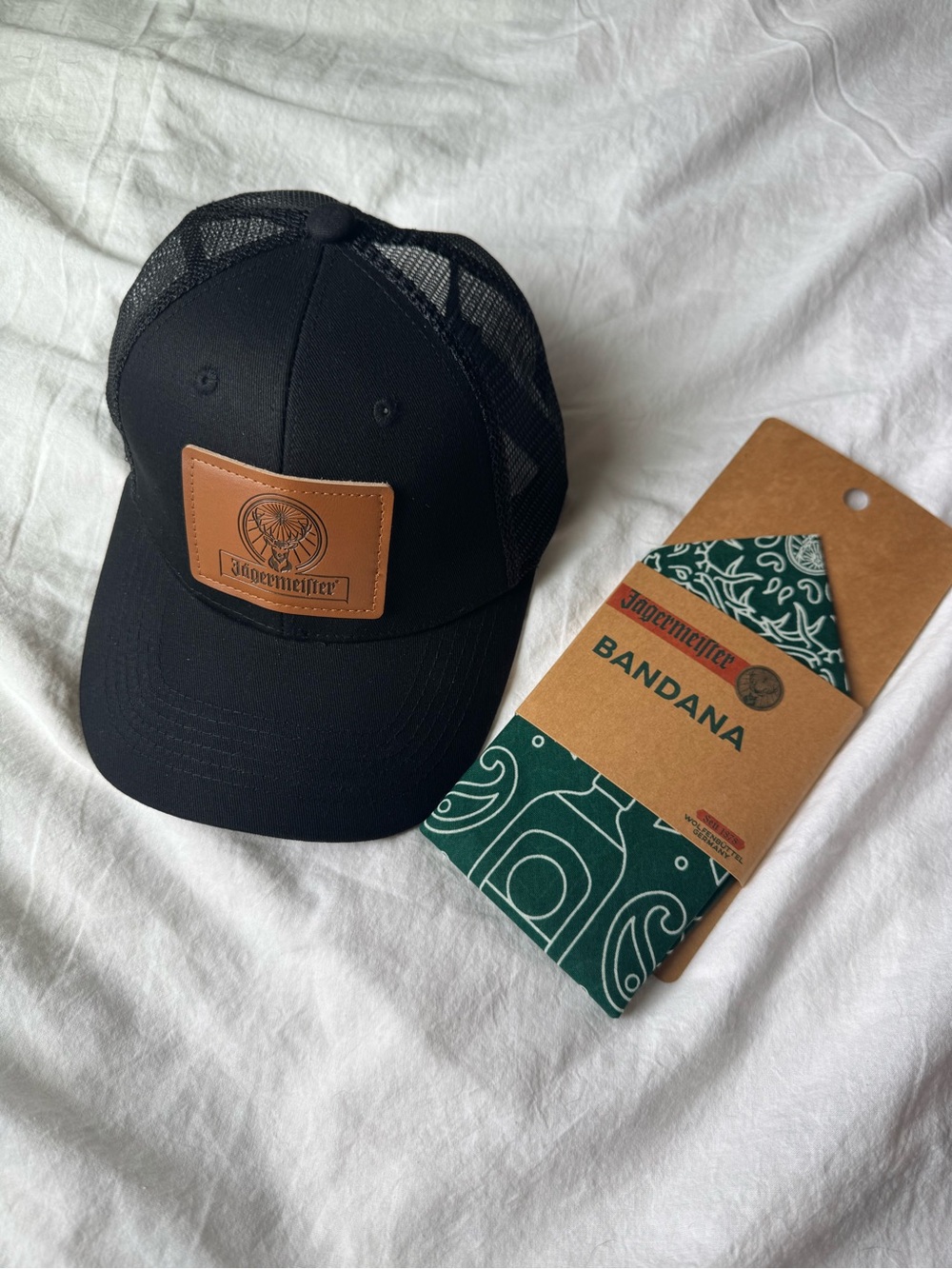 Jägermeister Black Trucker Hat with Brown Leather Patch & Bandana